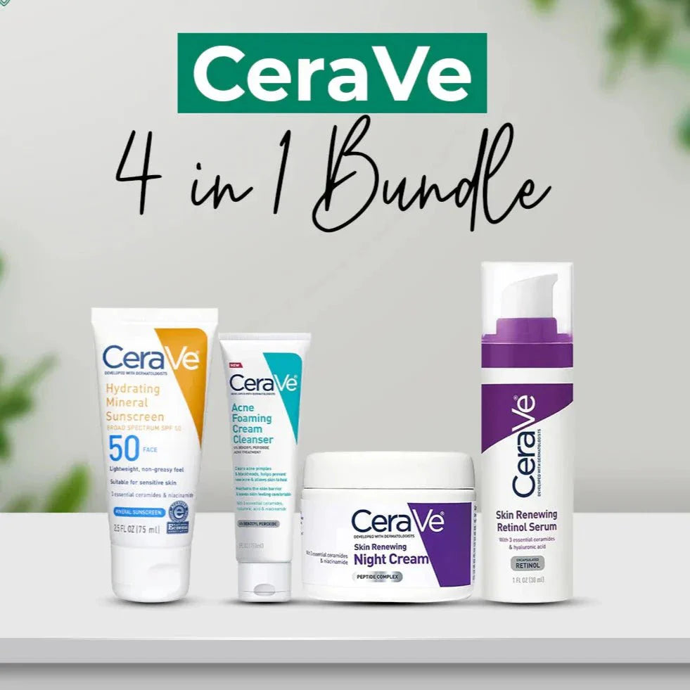 CERAVE 4-in-1 Skincare Kit | Cleanser, Night Cream, Retinol Serum & Sunscreen