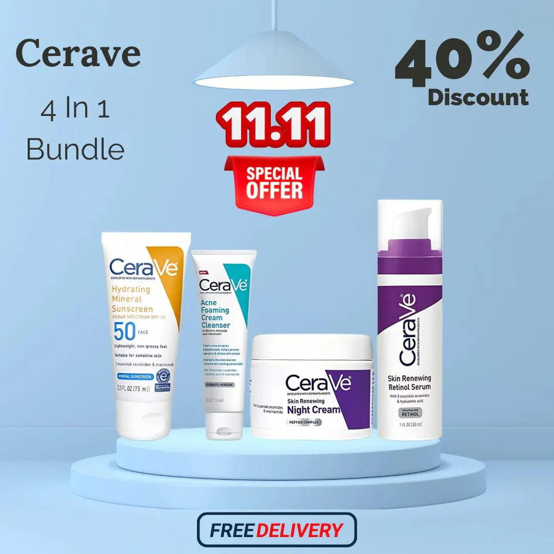 CERAVE 4-in-1 Skincare Kit | Cleanser, Night Cream, Retinol Serum & Sunscreen